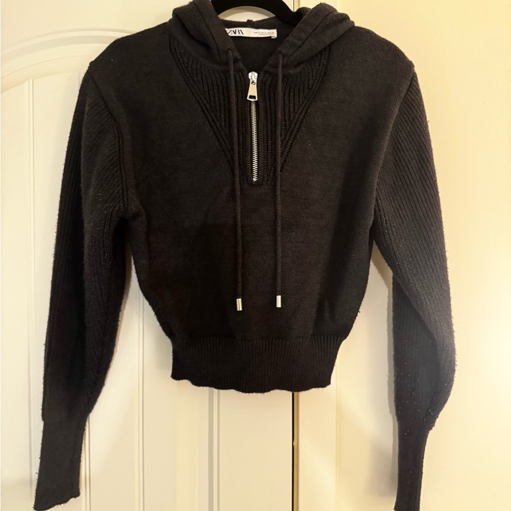 Zara Navy Hooded Half-Zip Knit Sweater
